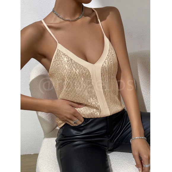 Sequin Detail Champagne Gold Cami Top - Picture 7 of 10